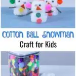 Image collage of craft supplies and completed snowmen made out of cotton balls.