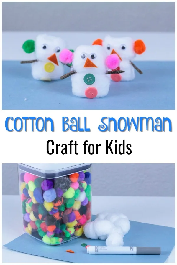 Image collage of craft supplies and completed snowmen made out of cotton balls.