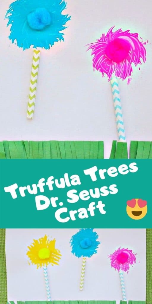 Collage of two completed truffula tree fork paintings with text overlay.