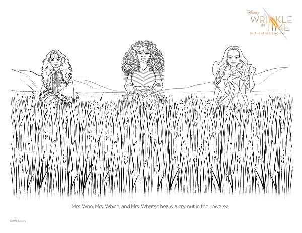 A Wrinkle in Time coloring page with Mrs Which, Mrs Who and Mrs Whatsit