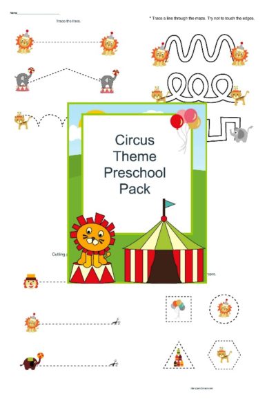 Circus theme printable pack with tracing, cutting, and coloring. It's perfect for preschoolers!
