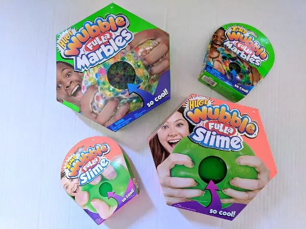 Wubble Fulla Marbles and Wubbla Fulla Slime balls in their packaging.