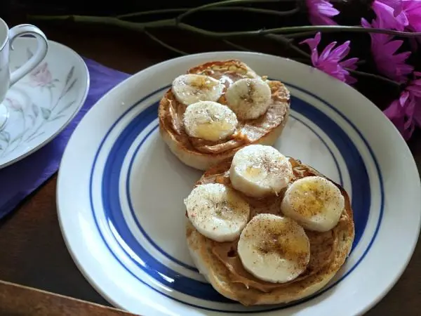 Simple peanut butter banana with cinnamon and honey English muffin
