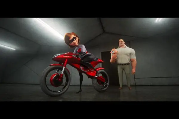ElastiGirl riding motorcycle off to work in Incredibles 2
