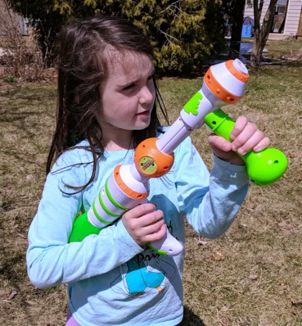 My daughter ready to shoot slime at the target.