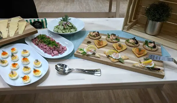 Swedish breakfast smorgasbord featuring food from the IKEA cafe and food market.