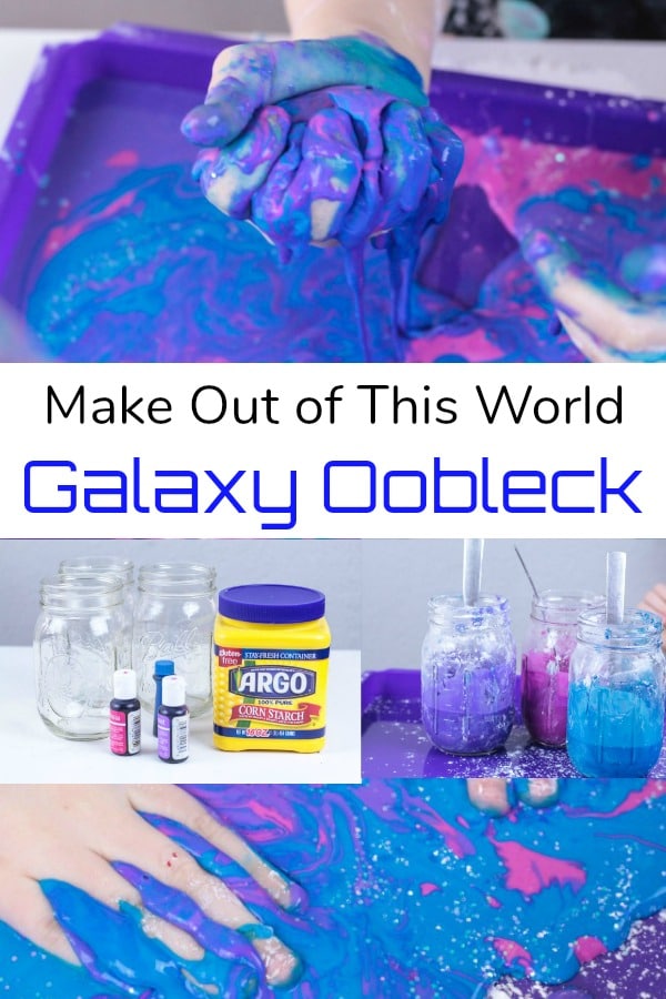 Collage image of multicolored oobleck dripping out of a child's hand and photos of how to make it.