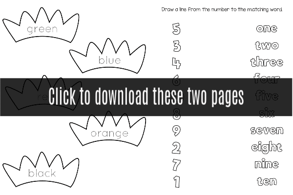 Color words and number matching sample pages from workbook.