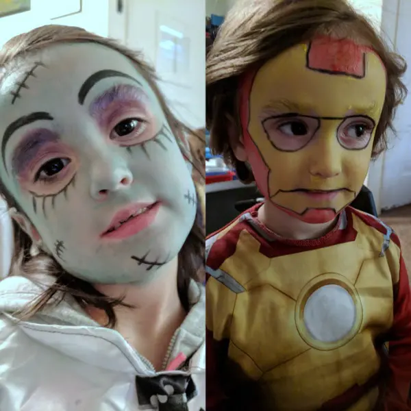 Halloween face paint for Iron Man and Frankie of Monster High