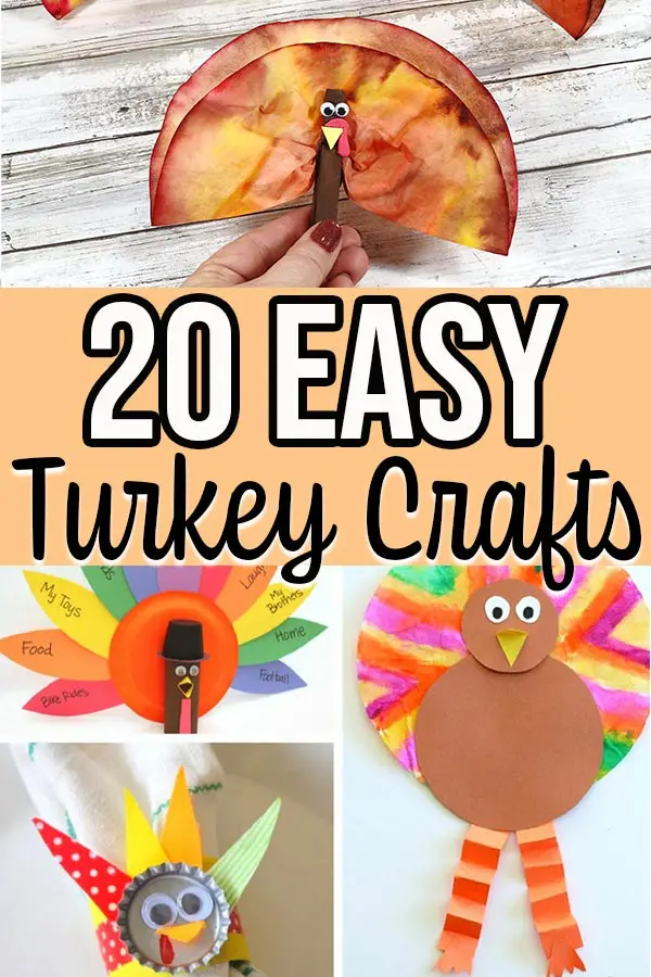 Collage of turkey crafts for kids with text overlay that says 20 Easy Turkey Crafts