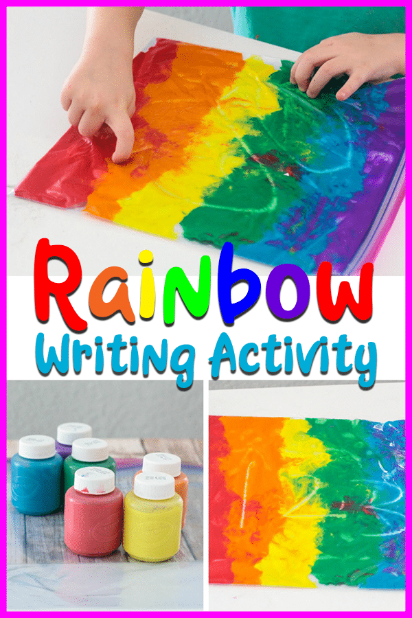 Mess-free sensory writing activity with rainbow paint.