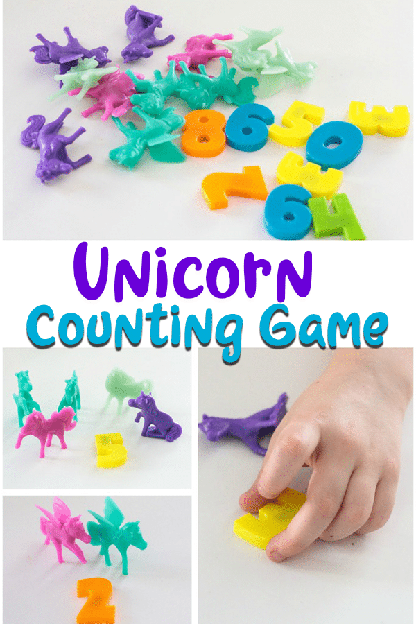 Fun and simple unicorn counting game for kids using unicorn toys and numbers.