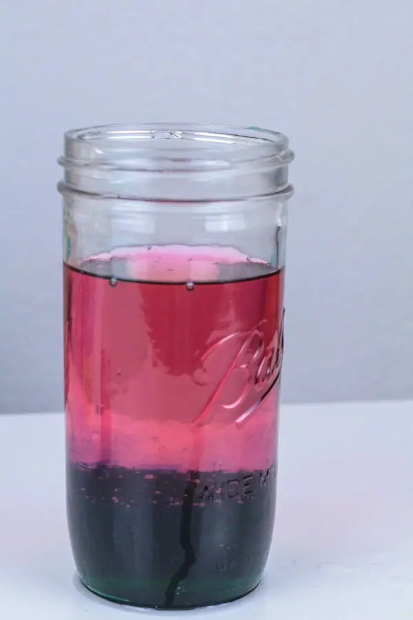 Pink and blue density layers in jar for kids science experiment.