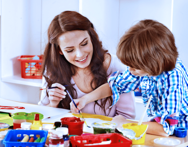 Mother and child painting together