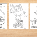 Easter printables color by number basket, bunny on bike, and girl on egg hunt
