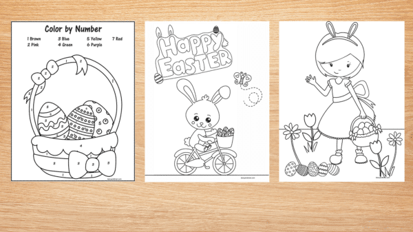 Easter printables color by number basket, bunny on bike, and girl on egg hunt