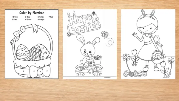 Mockup of Easter printables color by number basket, bunny on bike, and girl on egg hunt pages on a desk background.