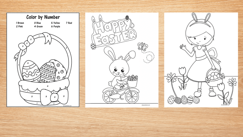 Easter printables color by number basket, bunny on bike, and girl on egg hunt