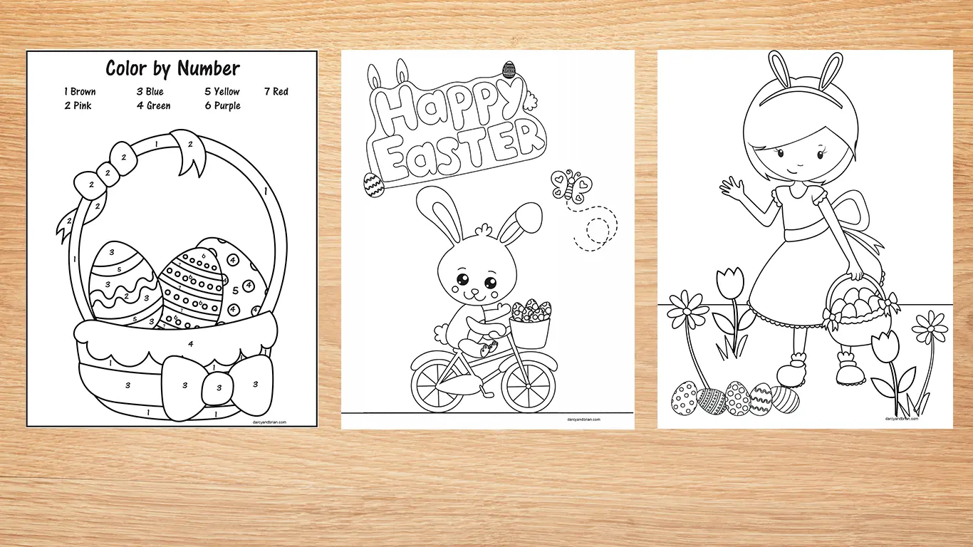 Easter printables color by number basket, bunny on bike, and girl on egg hunt