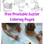 Grab these free printable Easter coloring pages for kids. Includes color by number Easter basket, a girl hunting for Easter eggs, and a bunny riding a bike.