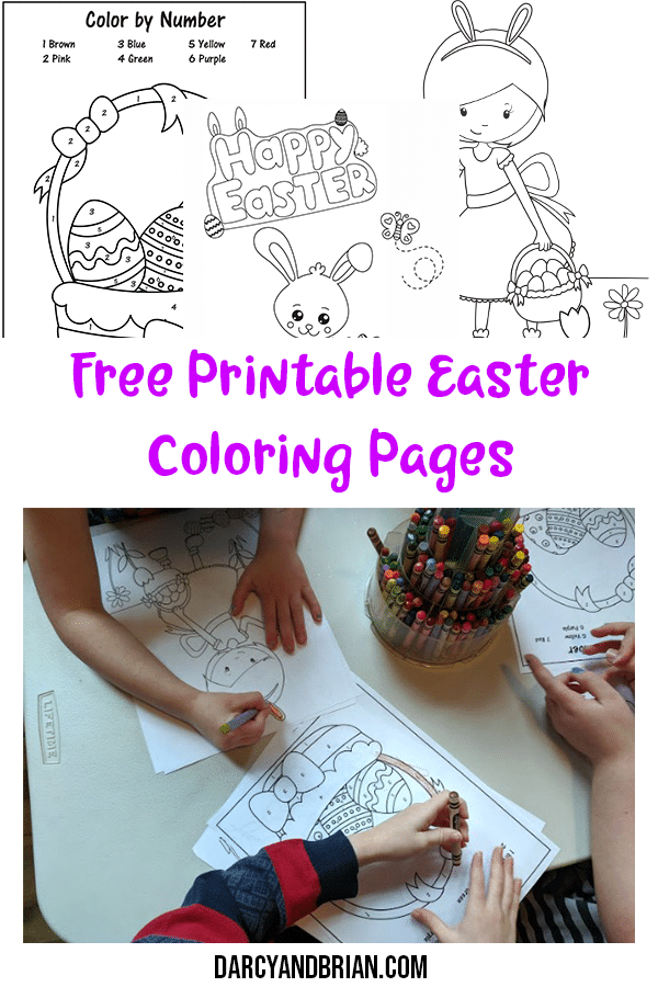 Image collage with preview of coloring pages at the top and bottom shows hands of kids coloring at a table. Middle has purple text that says Free Printable Easter Coloring Pages.