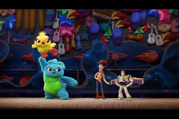 Bunny, Ducky, Woody, and Buzz at the carnival in Toy Story 4