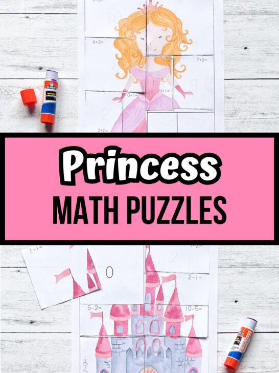 White and black text on pink background across the middle says Princess Math Puzzles. Top shows the princess being put together and the bottom shows most of the castle picture completed.