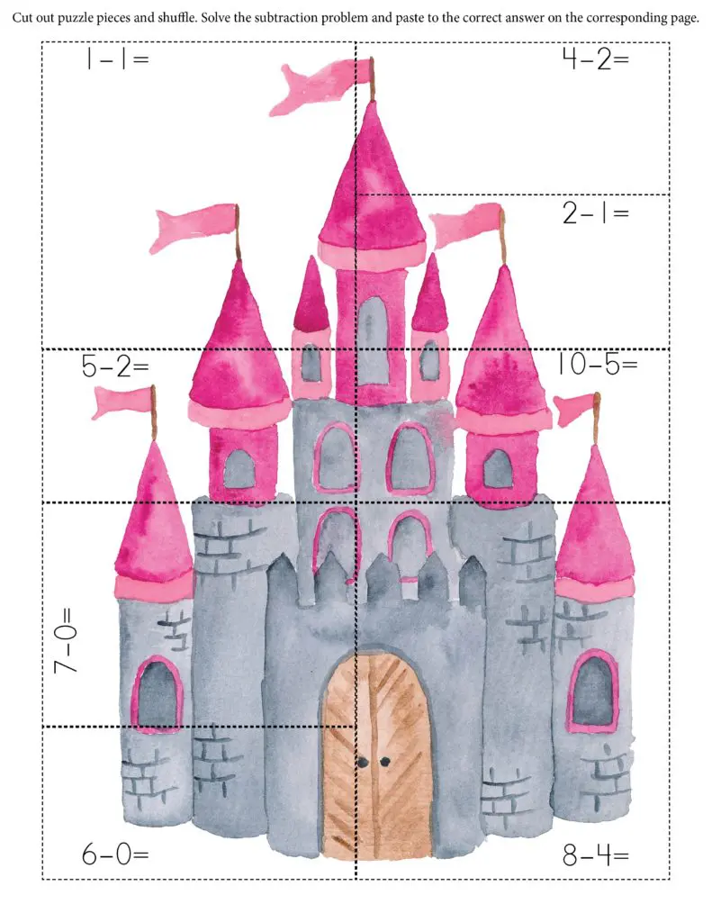 Castle subtraction math puzzle printable