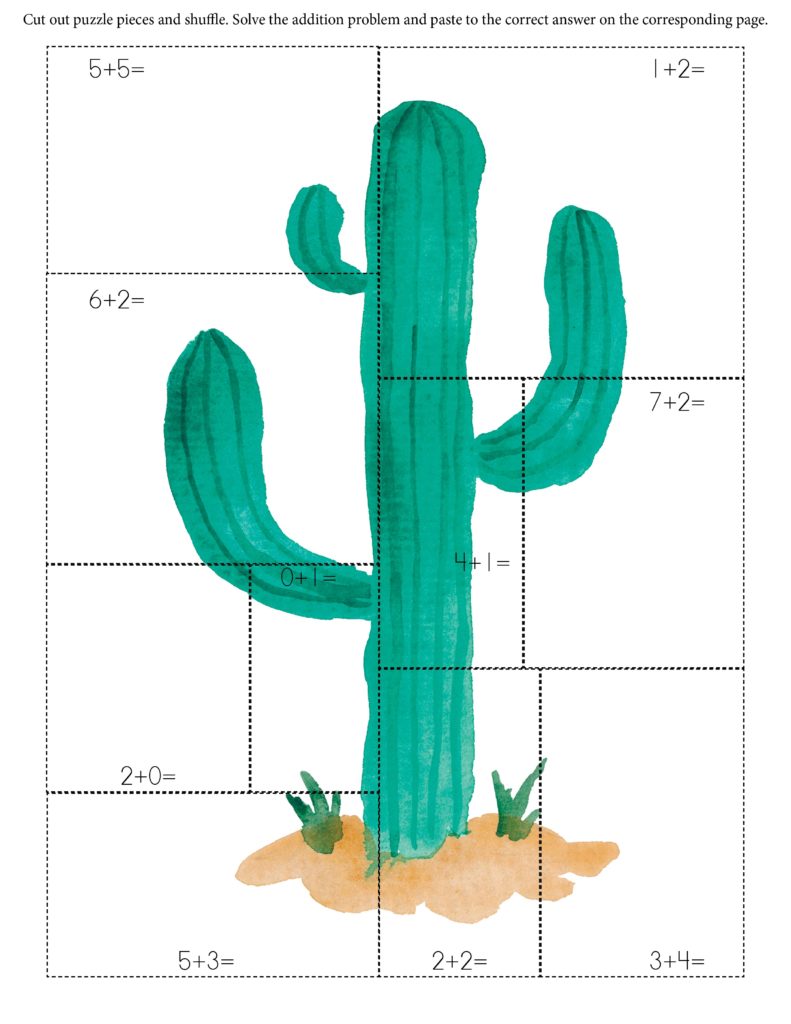 Cactus addition math puzzle cut and paste