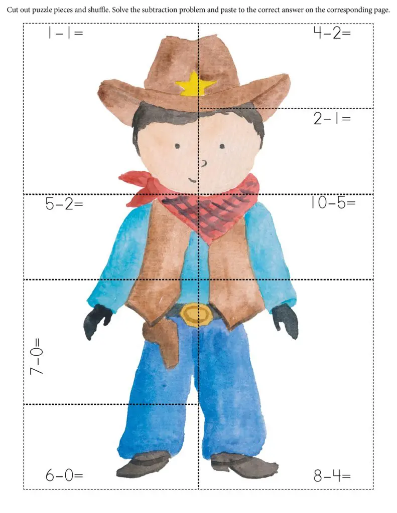 Free printable cowboy subtraction math sheet