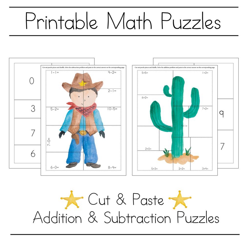 Free cowboy printable math picture puzzles
