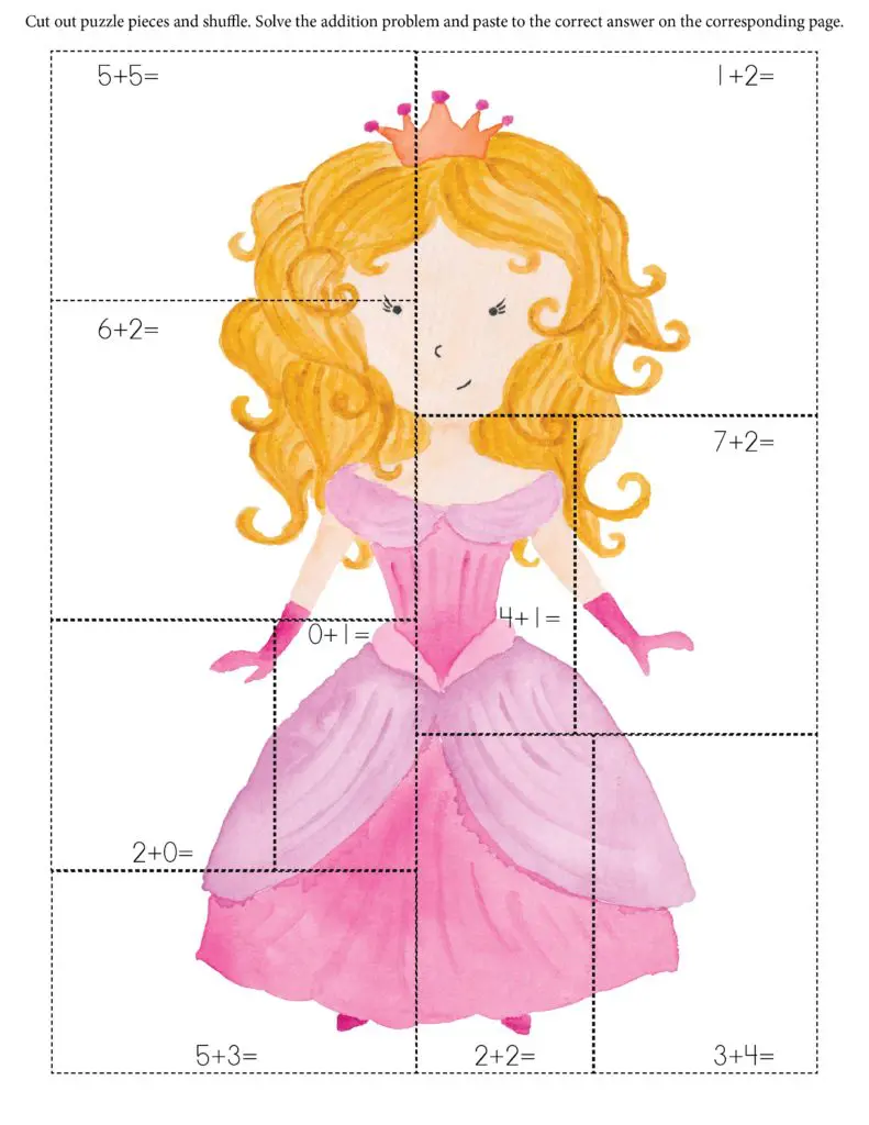 Princess addition math puzzle printable