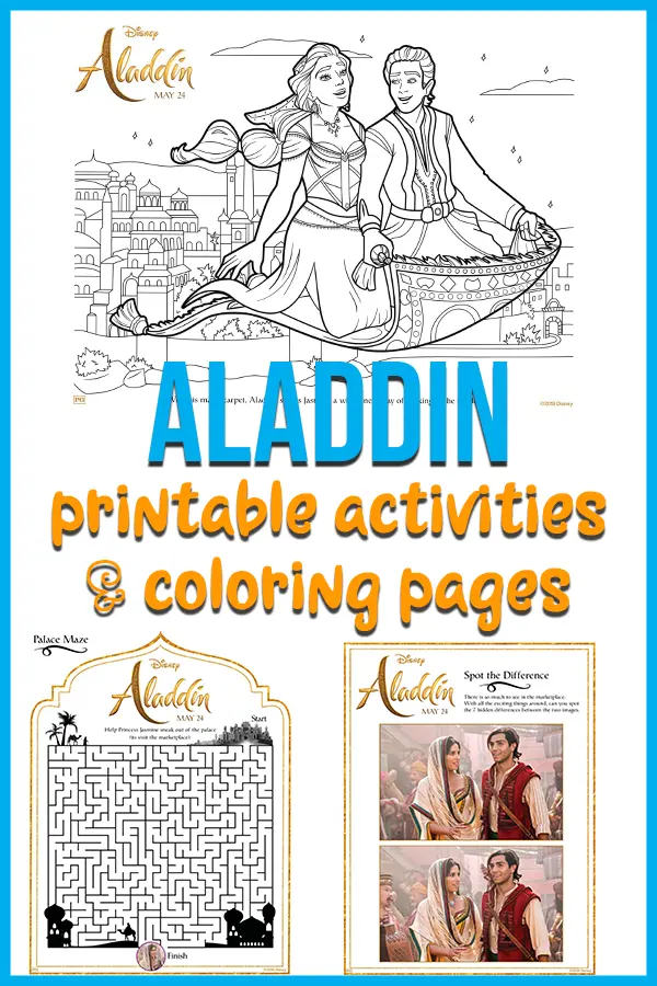 Collage of preview images for printable Aladdin coloring pages and activities.