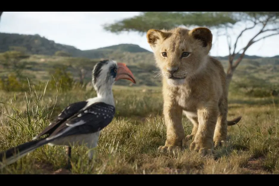 Lion King movie still courtesy of Disney featuring young Simba with Zazu.