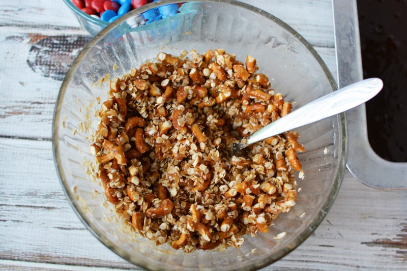 Prepping pretzel mixture to add to brownie batter.