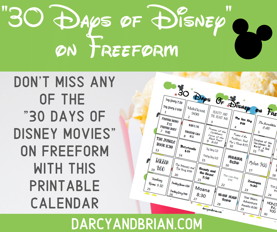 Graphic showing Disney movie calendar printout