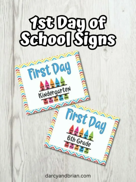 Mock up image showing signs for first day of kindergarten and first day of 6th grade on a white wood background.