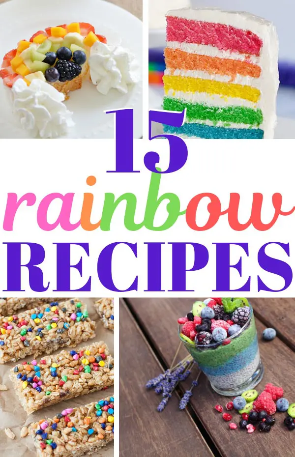 Collage of rainbow fruit, rainbow cake, and other recipes for birthday parties