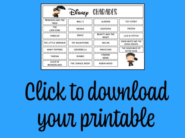 Preview of printable charades sheet with text overlay to click to download.