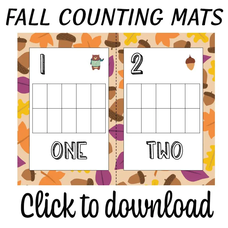 Preview image of fall counting mat for one and two with text overlay to click to download printables