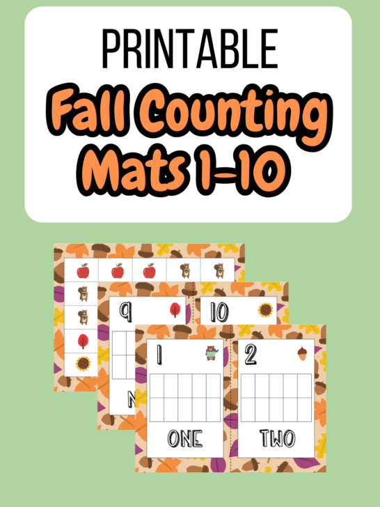 Orange and black text on white rectangle says Printable Fall counting Mats 1-10. A preview image of three pages from the printable pack is overlapping on a light green background.