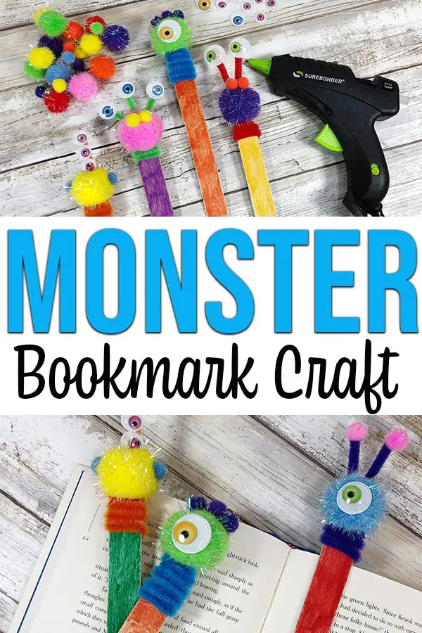 collage of completed monster bookmark crafts laying on top of an open book.