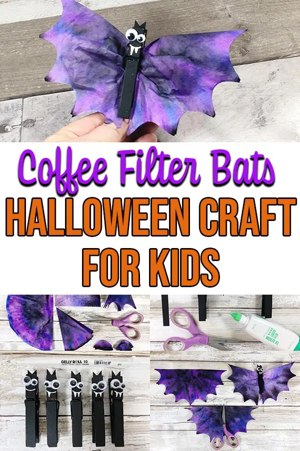 Collage of coffee filter bat craft tutorial steps and finished bat