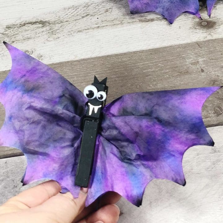 Close up of hand holding completed coffee filter bat craft project