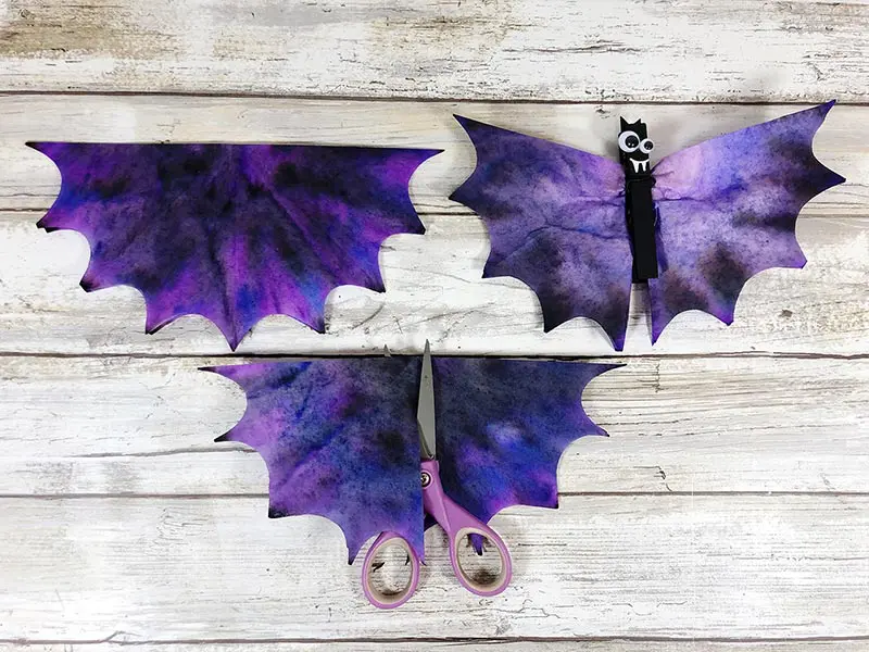 Coffee filter dyed with markers to make bat kids craft