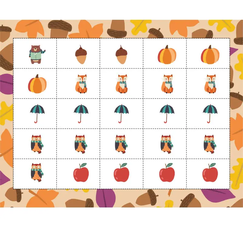 Fall counting tokens with pictures of a bear, acorns, pumpkins, foxes, umbrellas, owls, and apples