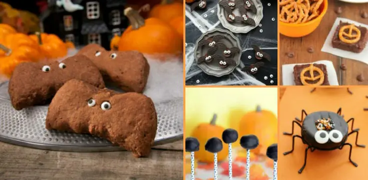 Photo collage of bats and spiders themed desserts