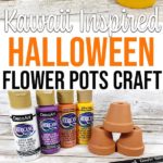 Collage of craft process photos and completed Halloween flower pots with cute faces.