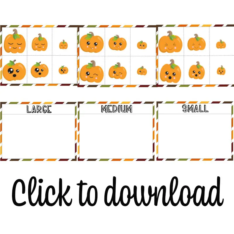 Preview images of printable pumpkin sorting activity with text overlay to click to download