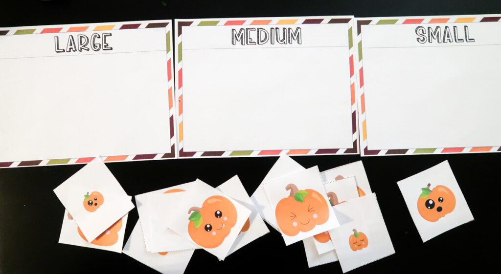 Three labeled size mats laying next to each other on a table. Square cards with different sizes of pumpkins are scattered beneath them.